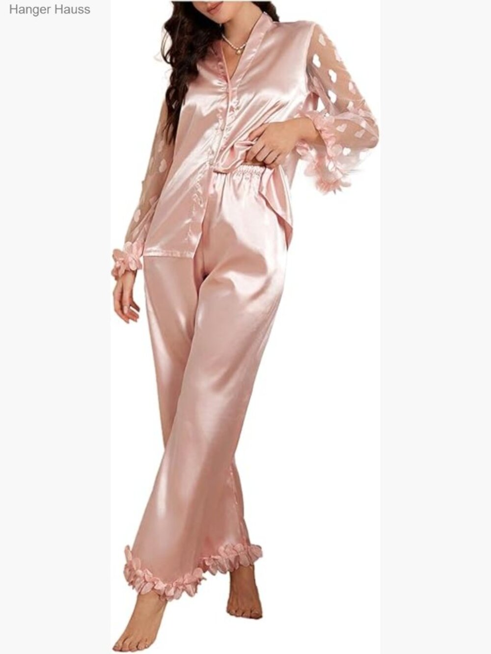 Women's Satin Pajama Set Sheer Sleeve Button Down Shirt Pants 2 Piece Sleepwear